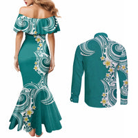 Aloha Polynesian Plumeria Flower Couples Matching Mermaid Dress and Long Sleeve Button Shirt Teal Color