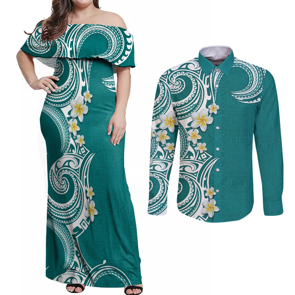 Aloha Polynesian Plumeria Flower Couples Matching Off Shoulder Maxi Dress and Long Sleeve Button Shirt Teal Color