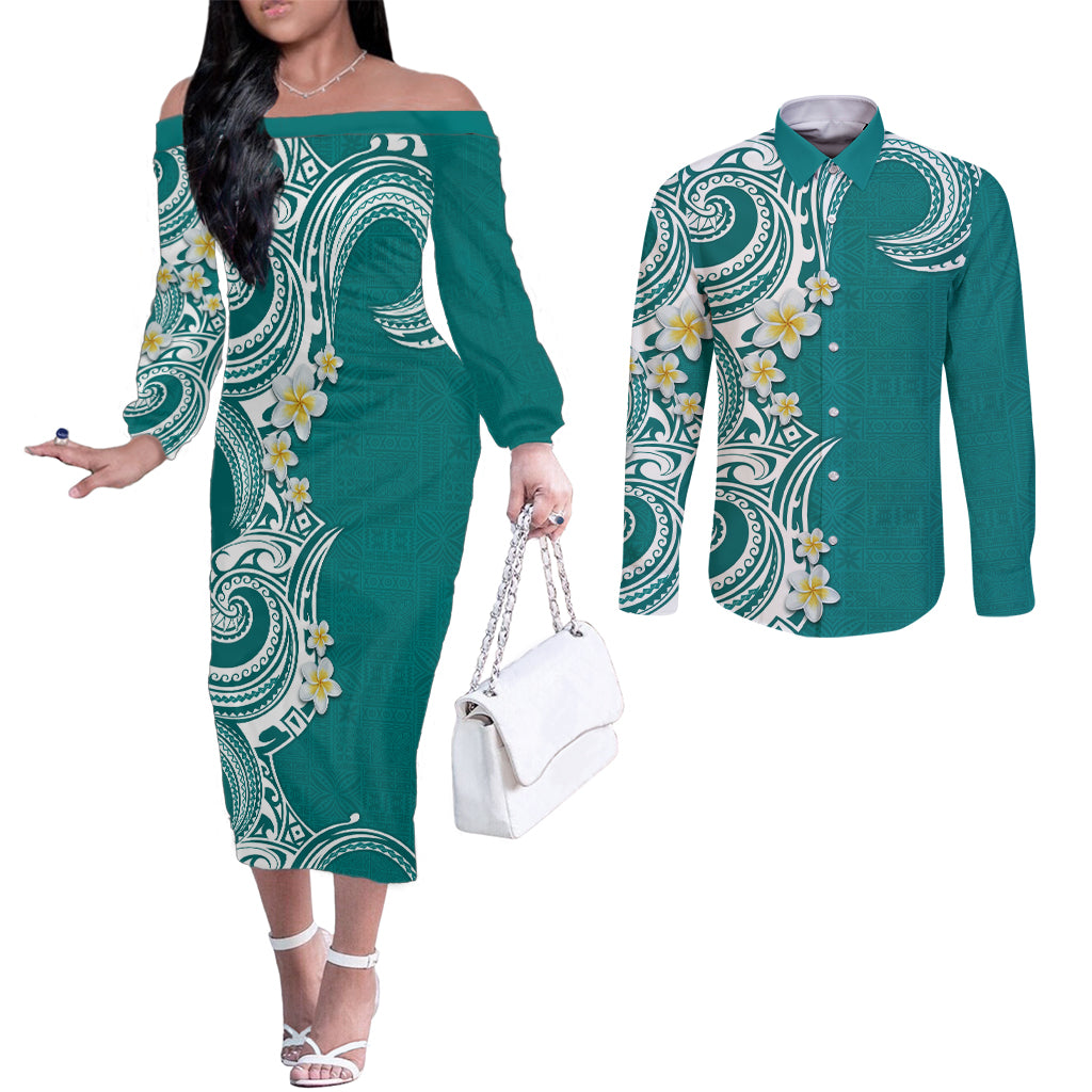 Aloha Polynesian Plumeria Flower Couples Matching Off The Shoulder Long Sleeve Dress and Long Sleeve Button Shirt Teal Color