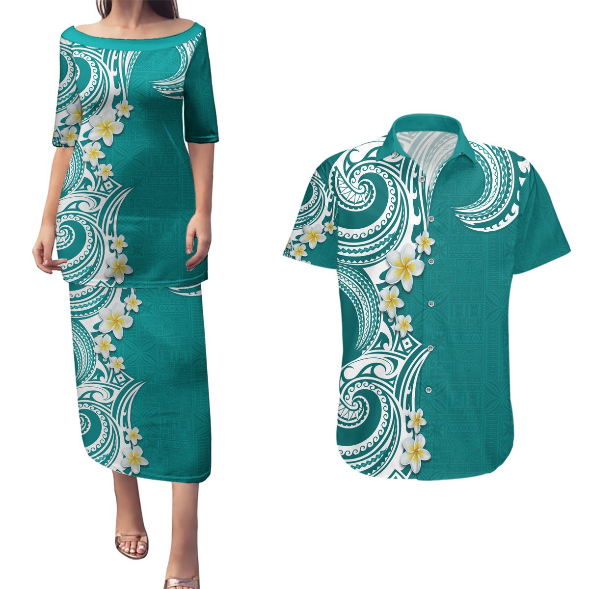 Aloha Polynesian Plumeria Flower Couples Matching Puletasi and Hawaiian Shirt Teal Color LT03 Teal - Polynesian Pride