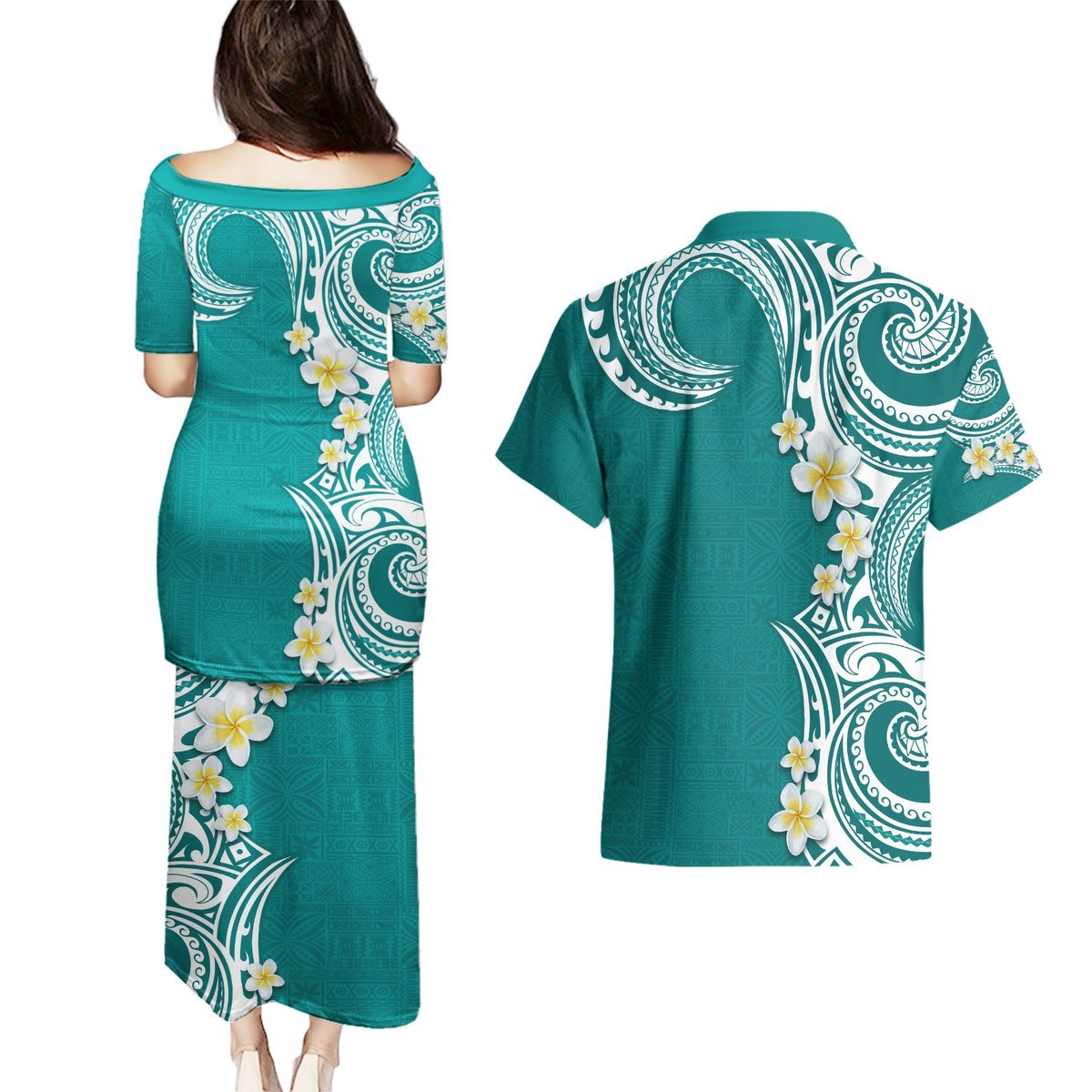 Aloha Polynesian Plumeria Flower Couples Matching Puletasi and Hawaiian Shirt Teal Color LT03 - Polynesian Pride
