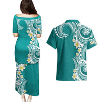 Aloha Polynesian Plumeria Flower Couples Matching Puletasi and Hawaiian Shirt Teal Color LT03 - Polynesian Pride