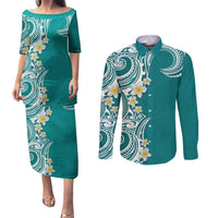 Aloha Polynesian Plumeria Flower Couples Matching Puletasi and Long Sleeve Button Shirt Teal Color