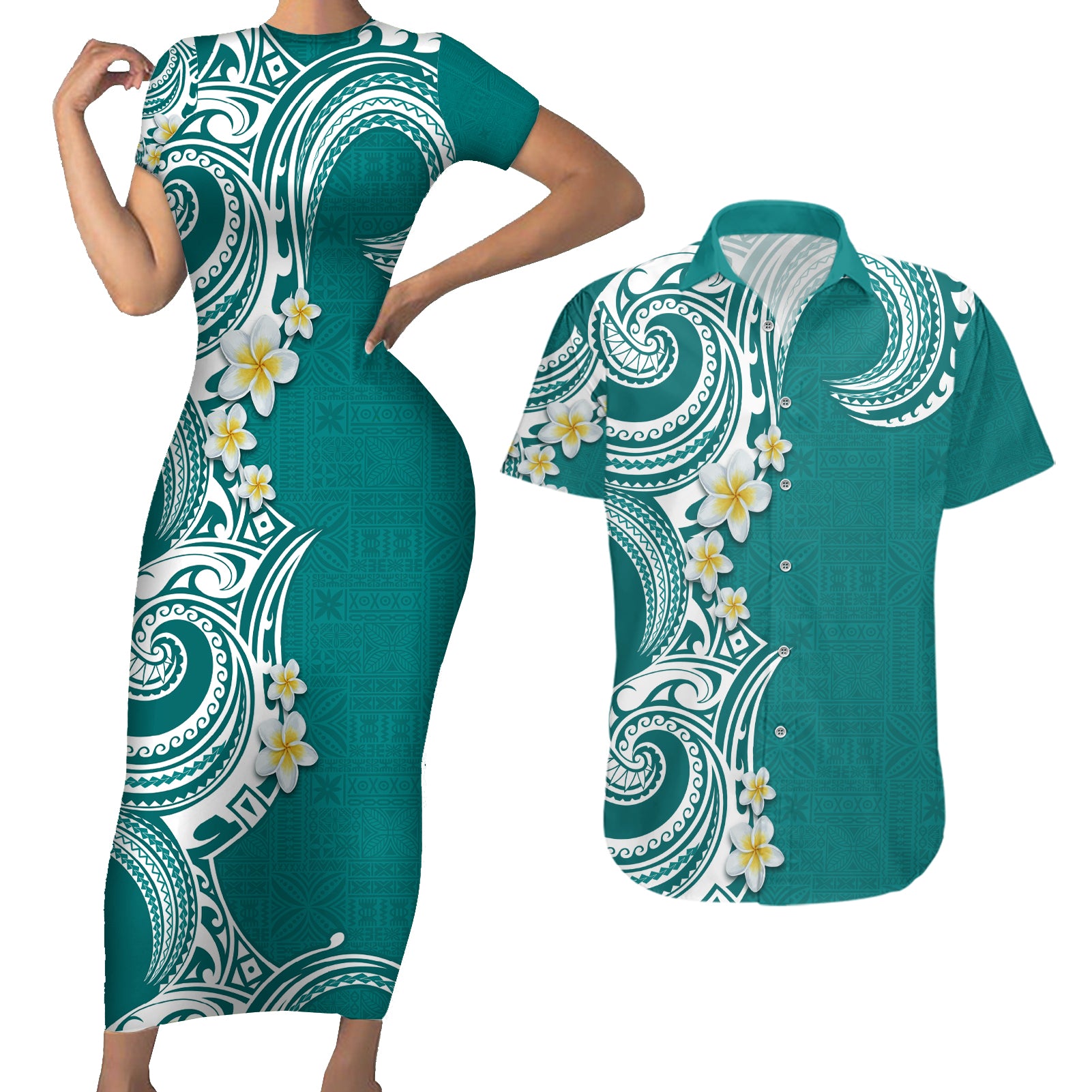 Aloha Polynesian Plumeria Flower Couples Matching Short Sleeve Bodycon Dress and Hawaiian Shirt Teal Color