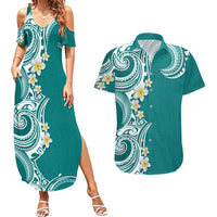Aloha Polynesian Plumeria Flower Couples Matching Summer Maxi Dress and Hawaiian Shirt Teal Color