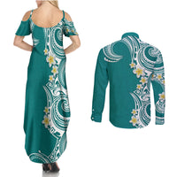Aloha Polynesian Plumeria Flower Couples Matching Summer Maxi Dress and Long Sleeve Button Shirt Teal Color