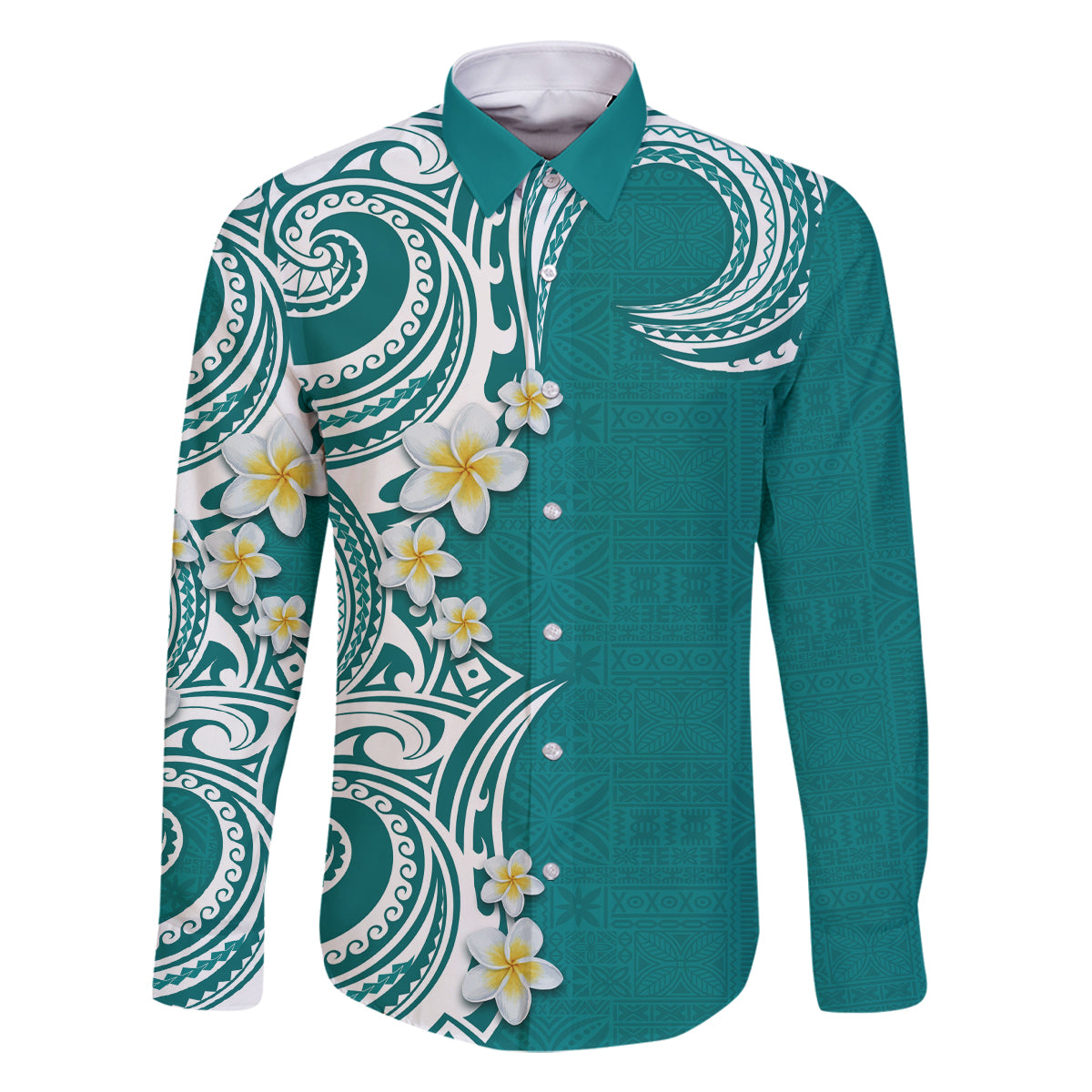 Aloha Polynesian Plumeria Flower Family Matching Long Sleeve Bodycon Dress and Hawaiian Shirt Teal Color LT03 Dad's Shirt - Long Sleeve Teal - Polynesian Pride