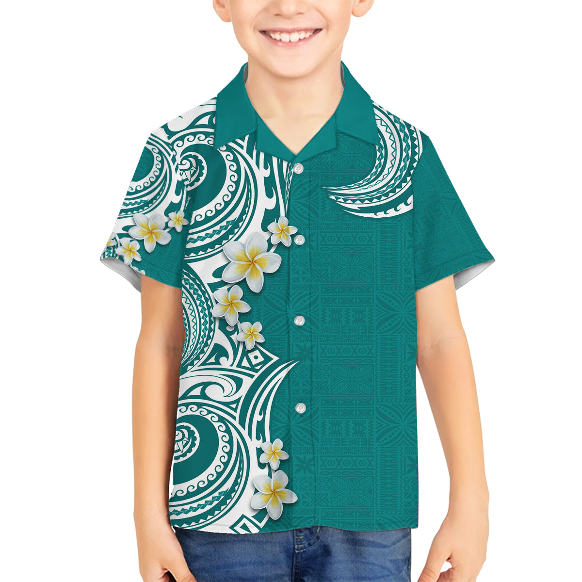 Aloha Polynesian Plumeria Flower Family Matching Long Sleeve Bodycon Dress and Hawaiian Shirt Teal Color LT03 Son's Shirt Teal - Polynesian Pride