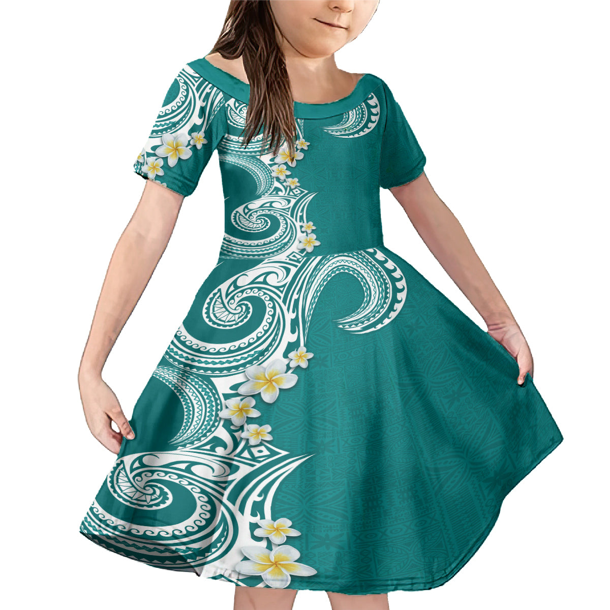 Aloha Polynesian Plumeria Flower Family Matching Mermaid Dress and Hawaiian Shirt Teal Color LT03 Daughter's Dress Teal - Polynesian Pride