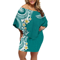 Aloha Polynesian Plumeria Flower Family Matching Off Shoulder Short Dress and Hawaiian Shirt Teal Color
