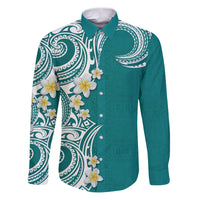 Aloha Polynesian Plumeria Flower Family Matching Puletasi and Hawaiian Shirt Teal Color LT03 Dad's Shirt - Long Sleeve Teal - Polynesian Pride