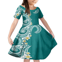 Aloha Polynesian Plumeria Flower Family Matching Short Sleeve Bodycon Dress and Hawaiian Shirt Teal Color LT03 Daughter's Dress Teal - Polynesian Pride