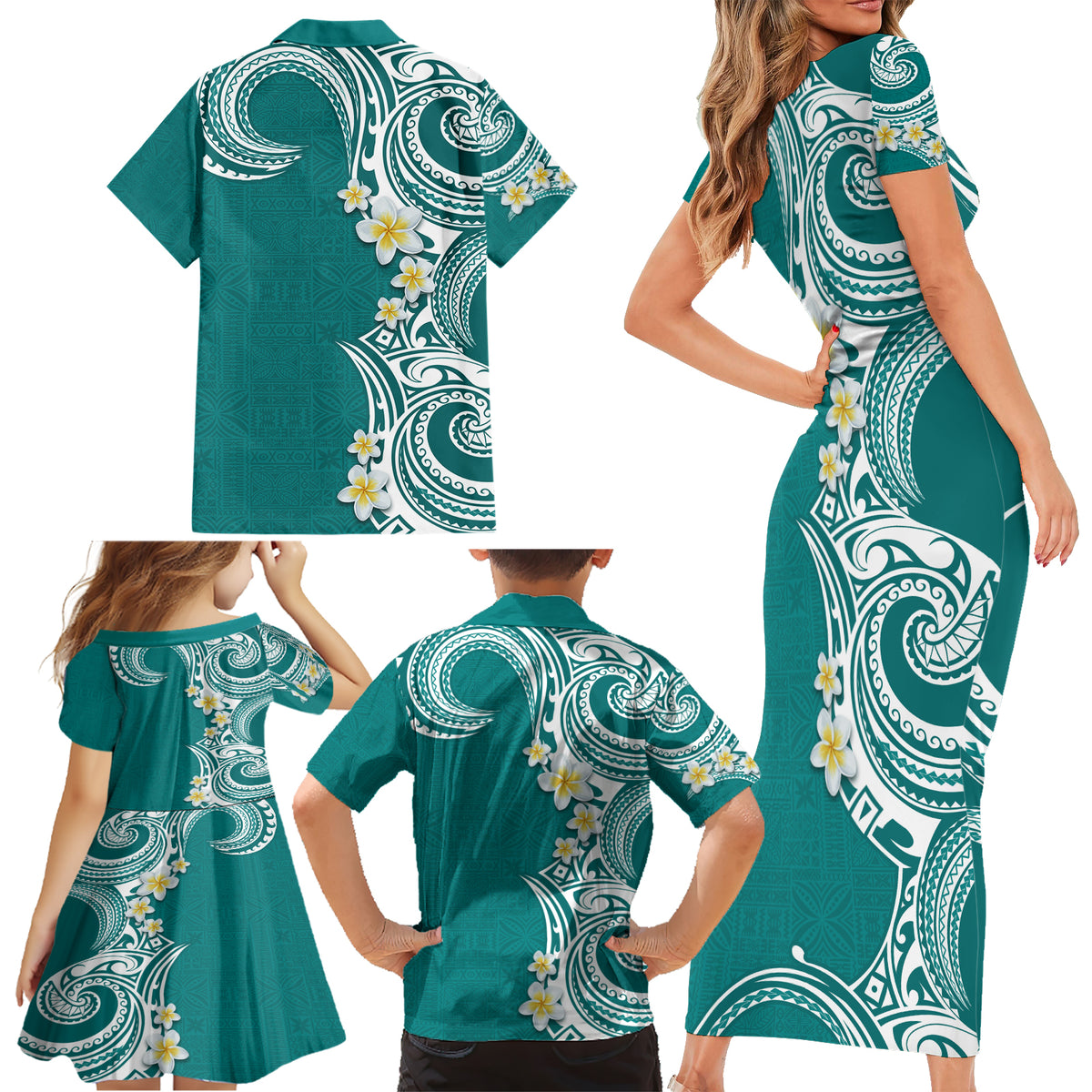 Aloha Polynesian Plumeria Flower Family Matching Short Sleeve Bodycon Dress and Hawaiian Shirt Teal Color LT03 - Polynesian Pride