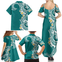 Aloha Polynesian Plumeria Flower Family Matching Summer Maxi Dress and Hawaiian Shirt Teal Color