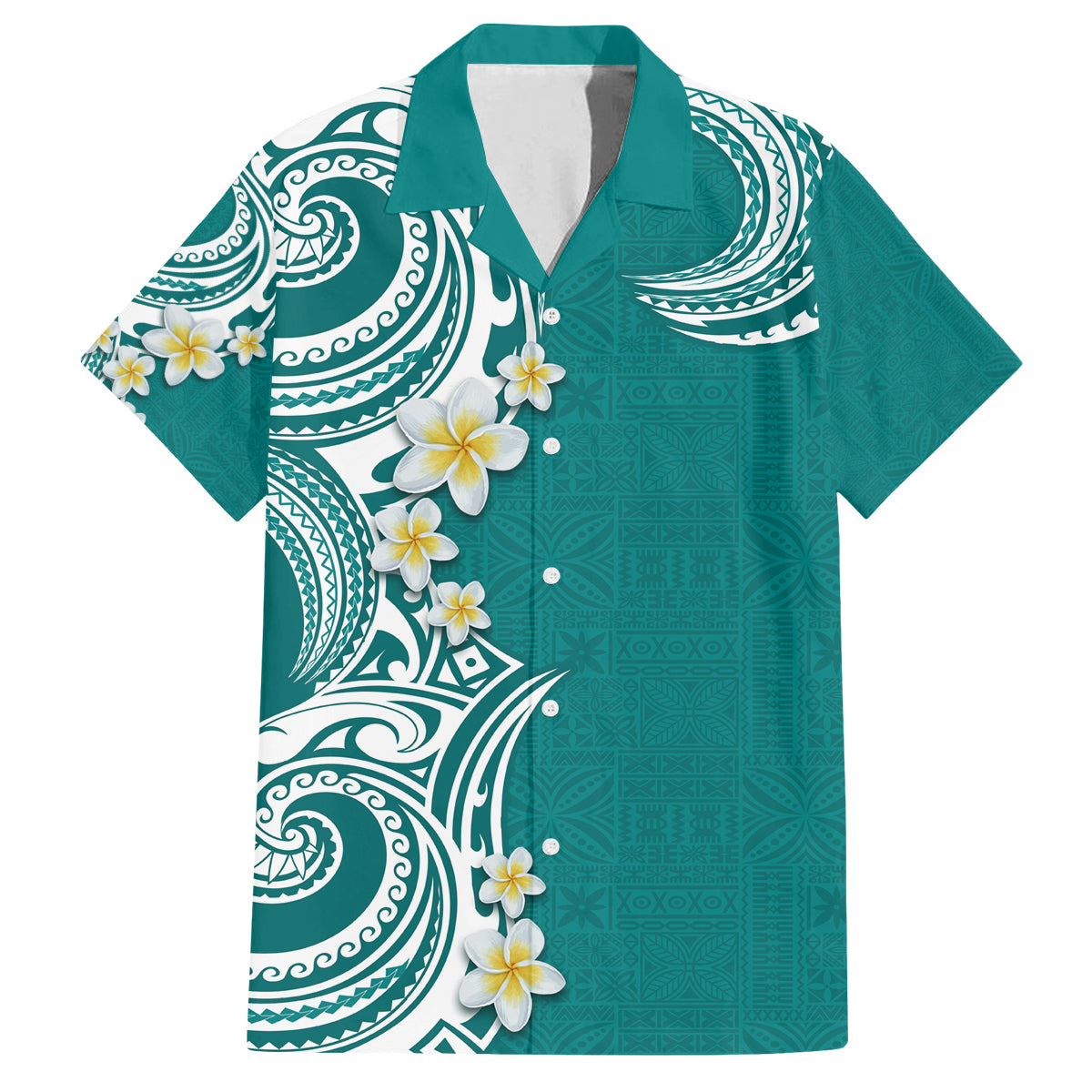 Aloha Polynesian Plumeria Flower Family Matching Summer Maxi Dress and Hawaiian Shirt Teal Color
