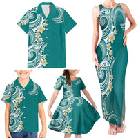 Aloha Polynesian Plumeria Flower Family Matching Tank Maxi Dress and Hawaiian Shirt Teal Color