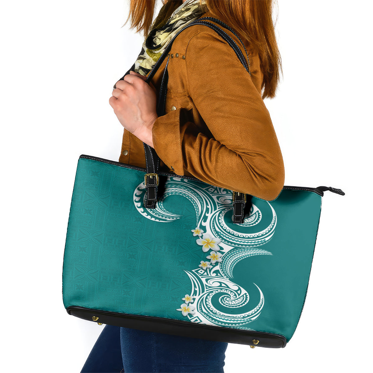 Aloha Polynesian Plumeria Flower Leather Tote Bag Teal Color