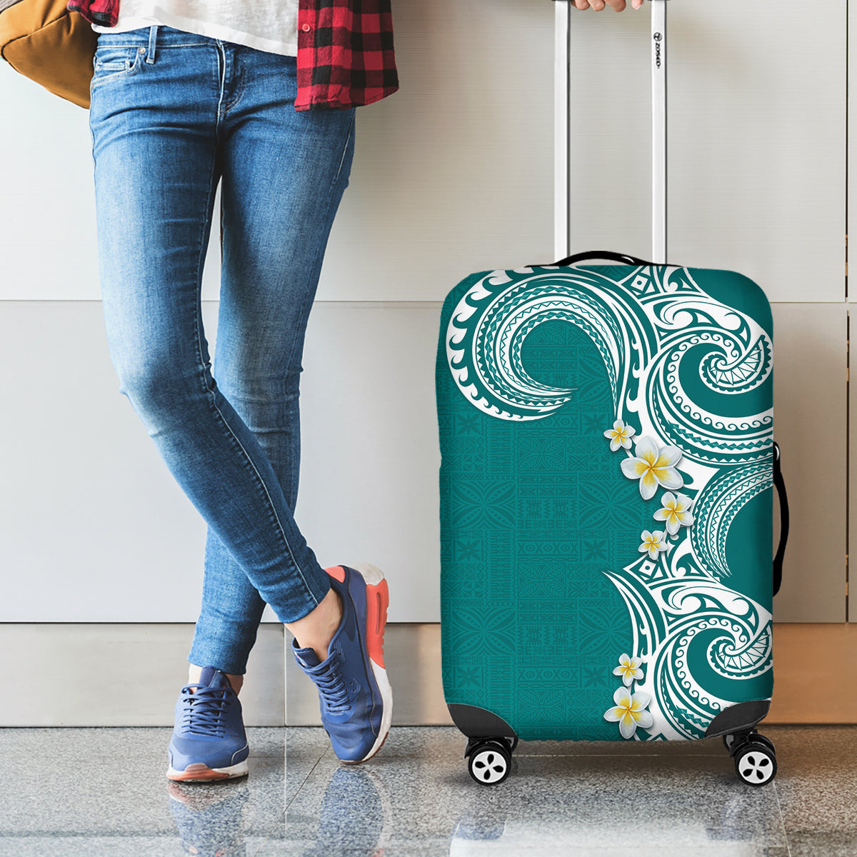 Aloha Polynesian Plumeria Flower Luggage Cover Teal Color