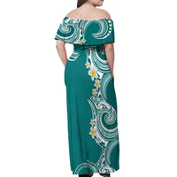 Aloha Polynesian Plumeria Flower Off Shoulder Maxi Dress Teal Color