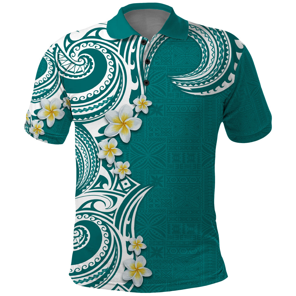 Aloha Polynesian Plumeria Flower Polo Shirt Teal Color