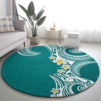 Aloha Polynesian Plumeria Flower Round Carpet Teal Color