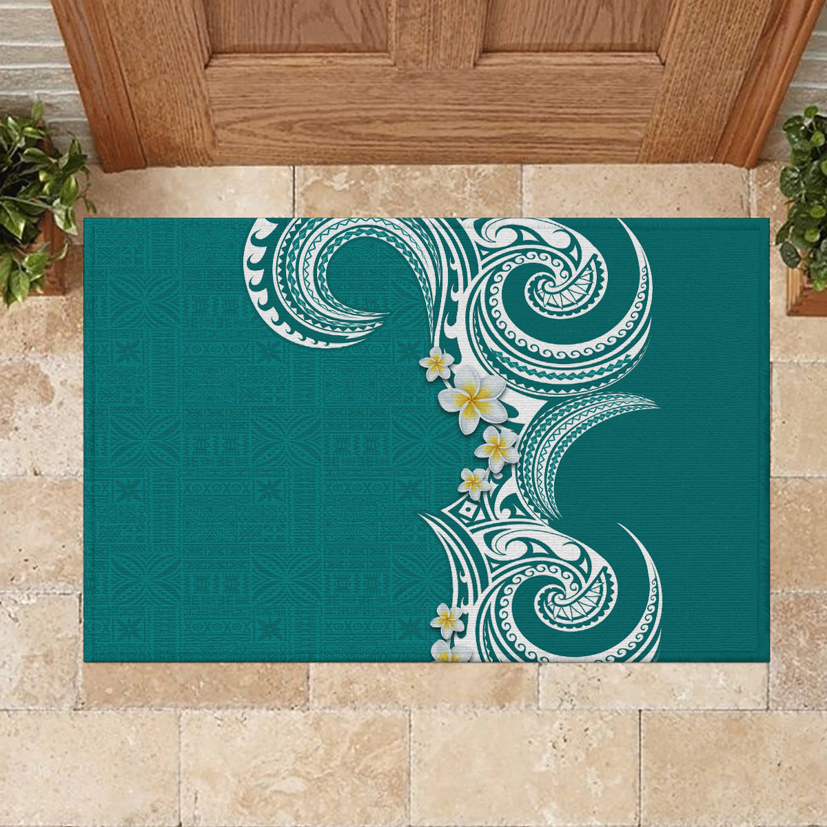 Aloha Polynesian Plumeria Flower Rubber Doormat Teal Color