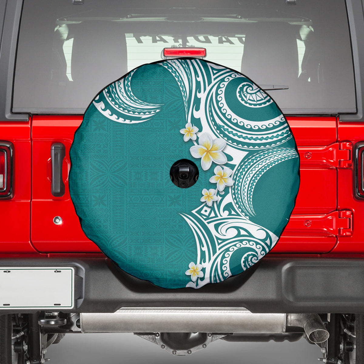 Aloha Polynesian Plumeria Flower Spare Tire Cover Teal Color