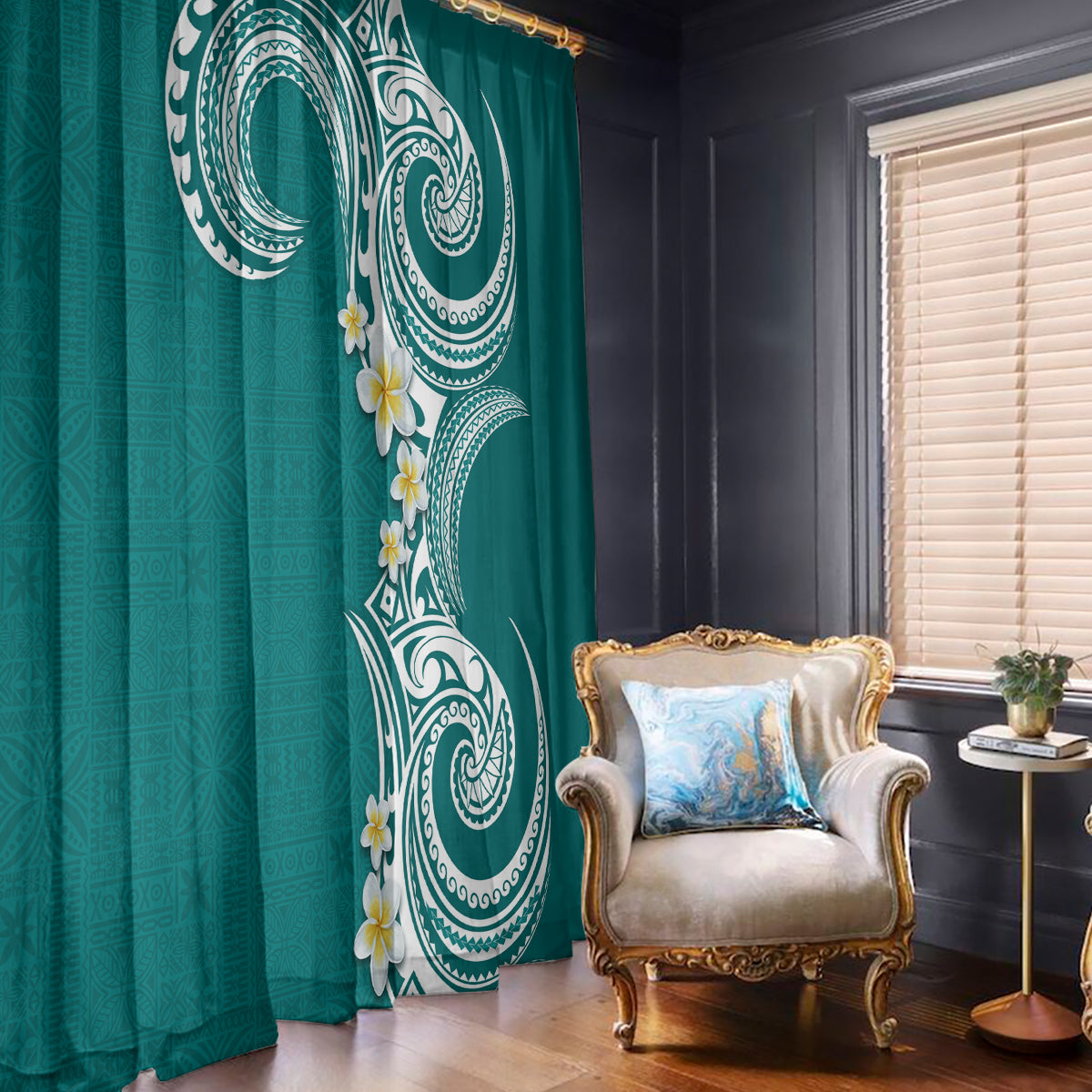 Aloha Polynesian Plumeria Flower Window Curtain Teal Color