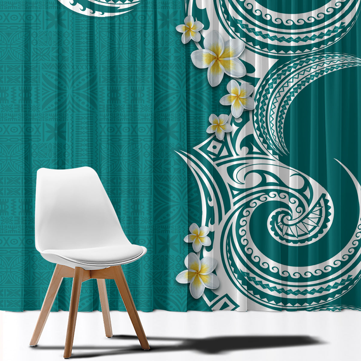 Aloha Polynesian Plumeria Flower Window Curtain Teal Color
