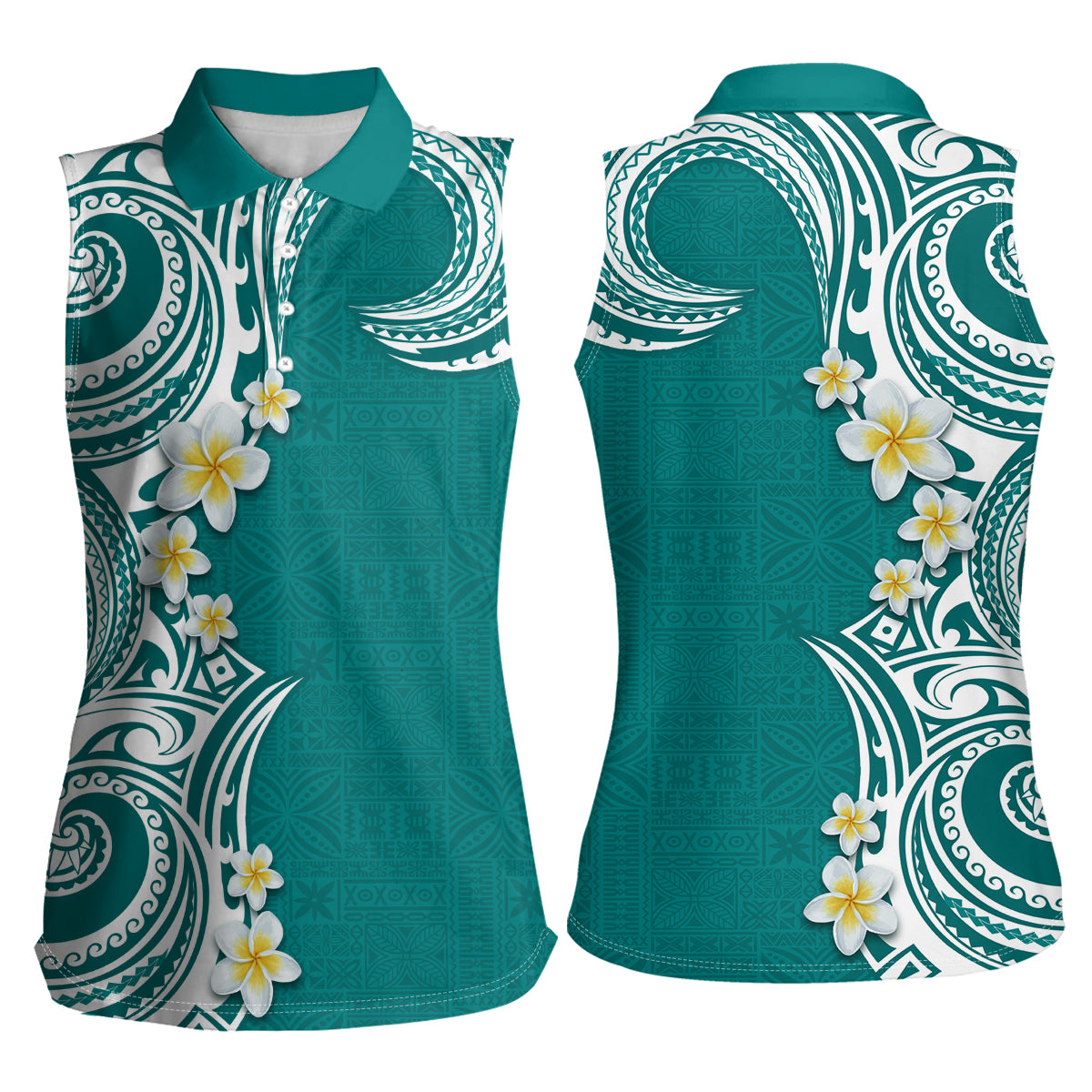 Aloha Polynesian Plumeria Flower Women Sleeveless Polo Shirt Teal Color