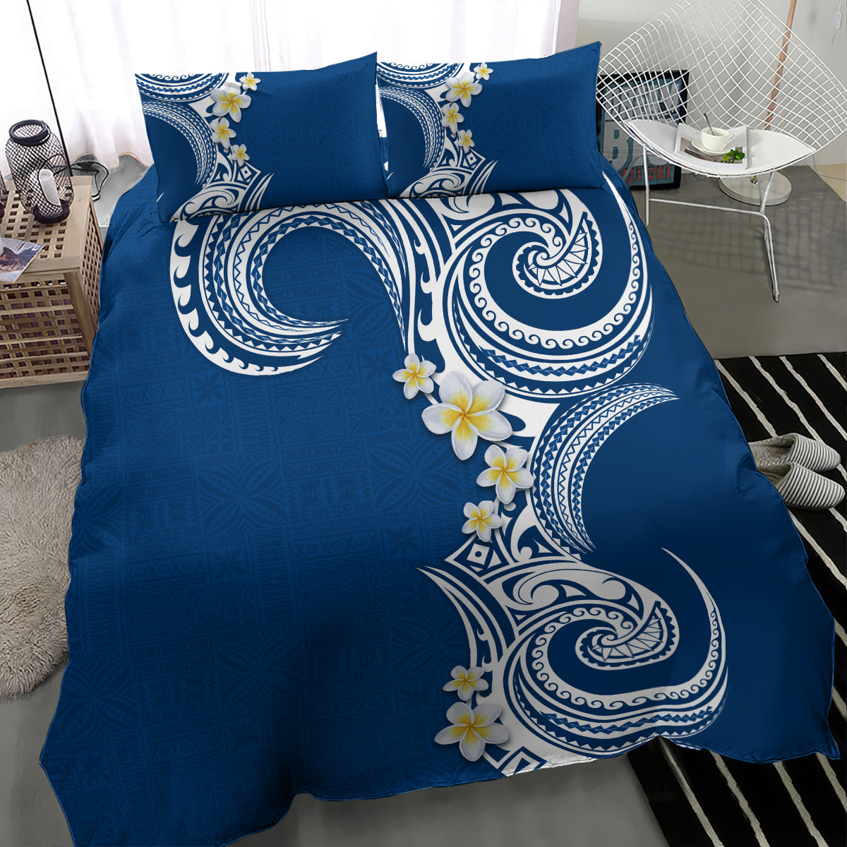 Aloha Polynesian Plumeria Flower Bedding Set Blue Color