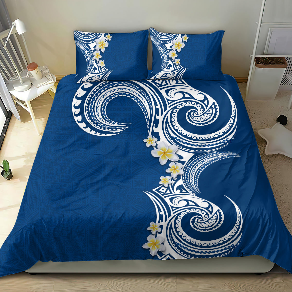 Aloha Polynesian Plumeria Flower Bedding Set Blue Color