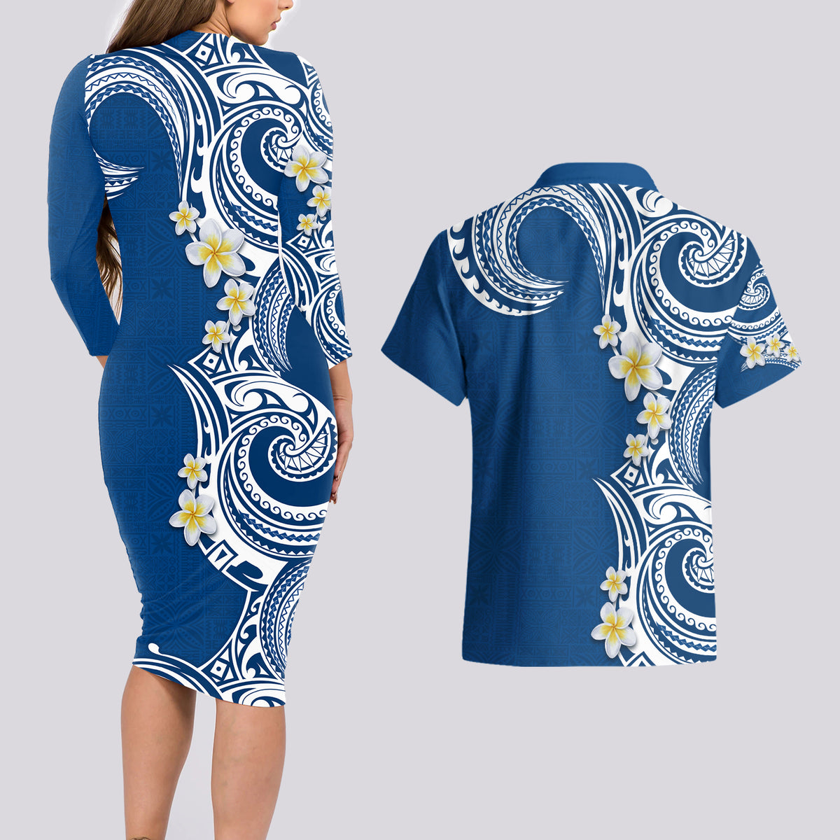 Aloha Polynesian Plumeria Flower Couples Matching Long Sleeve Bodycon Dress and Hawaiian Shirt Blue Color LT03 - Polynesian Pride