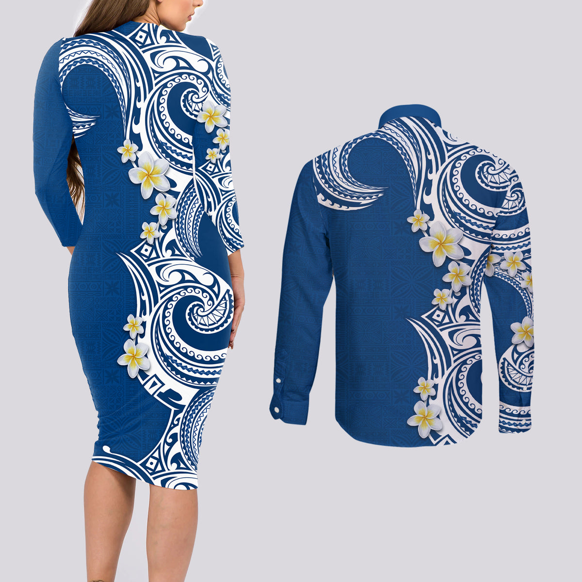 Aloha Polynesian Plumeria Flower Couples Matching Long Sleeve Bodycon Dress and Long Sleeve Button Shirt Blue Color