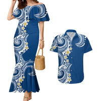 Aloha Polynesian Plumeria Flower Couples Matching Mermaid Dress and Hawaiian Shirt Blue Color LT03 Blue - Polynesian Pride