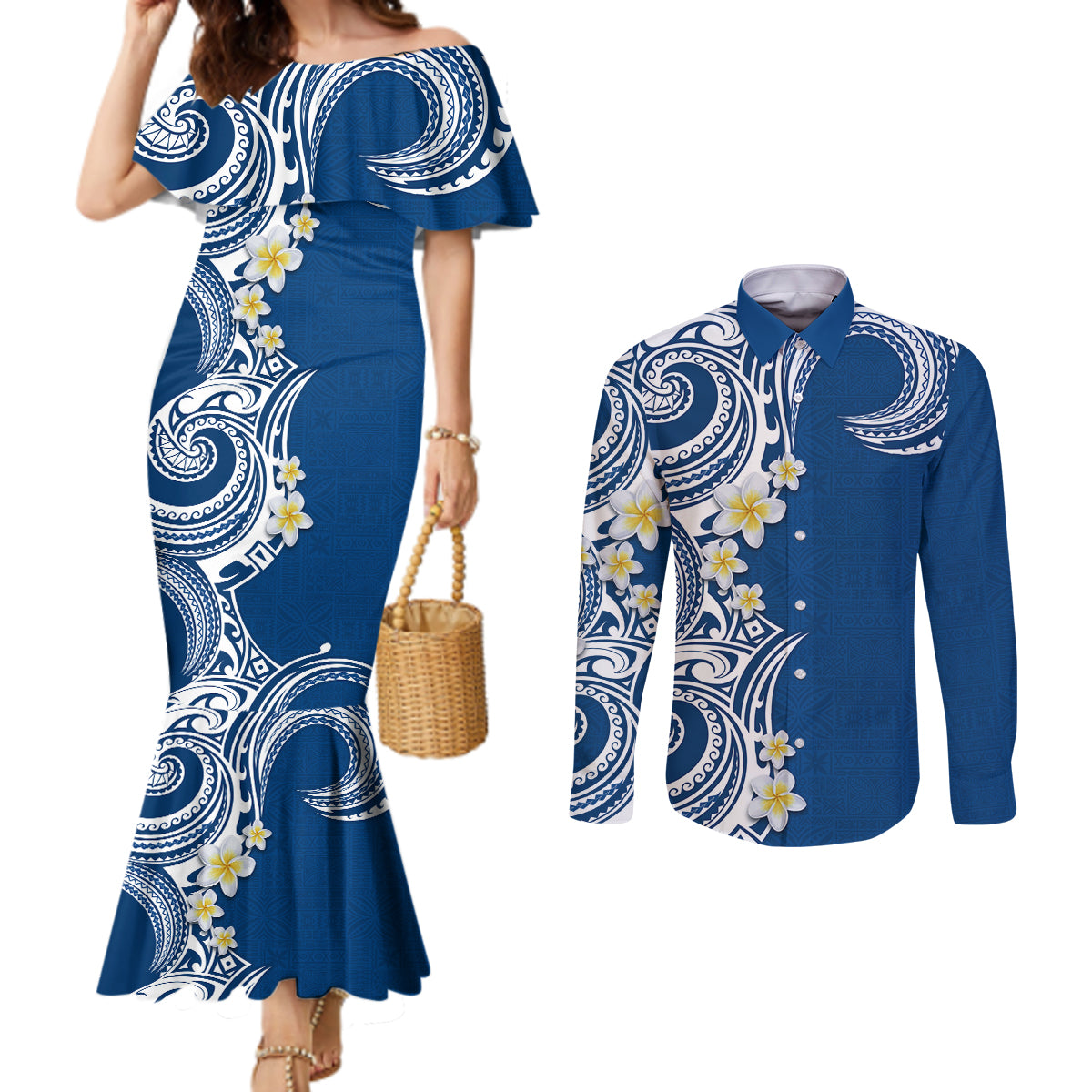 Aloha Polynesian Plumeria Flower Couples Matching Mermaid Dress and Long Sleeve Button Shirt Blue Color