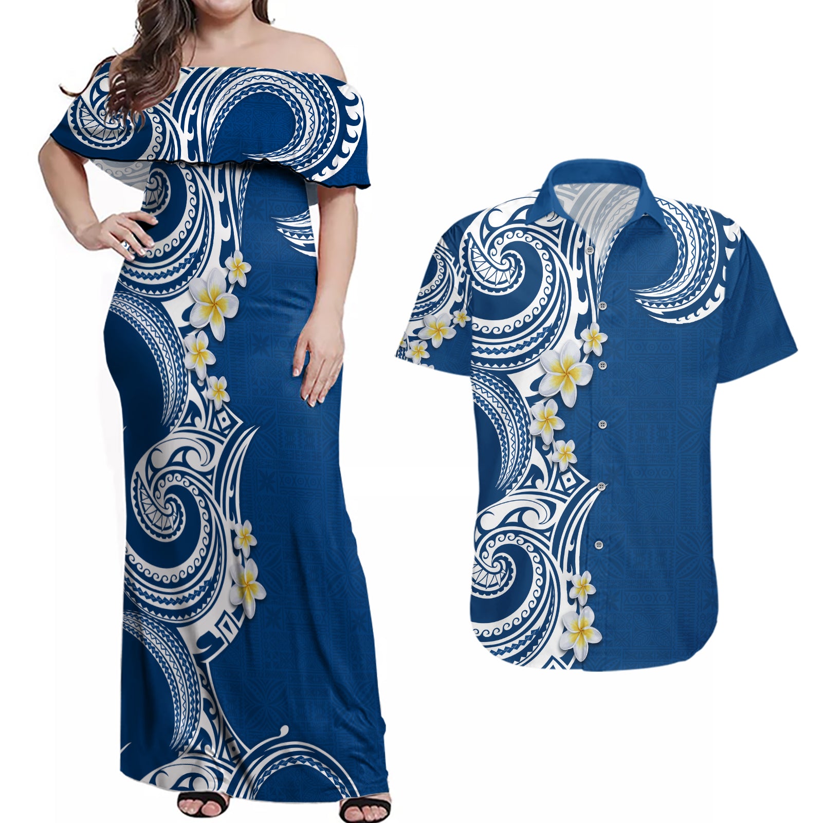 Aloha Polynesian Plumeria Flower Couples Matching Off Shoulder Maxi Dress and Hawaiian Shirt Blue Color