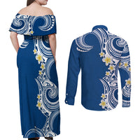 Aloha Polynesian Plumeria Flower Couples Matching Off Shoulder Maxi Dress and Long Sleeve Button Shirt Blue Color