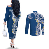 Aloha Polynesian Plumeria Flower Couples Matching Off The Shoulder Long Sleeve Dress and Long Sleeve Button Shirt Blue Color