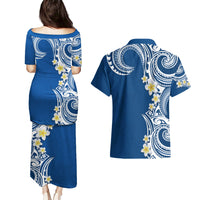 Aloha Polynesian Plumeria Flower Couples Matching Puletasi and Hawaiian Shirt Blue Color