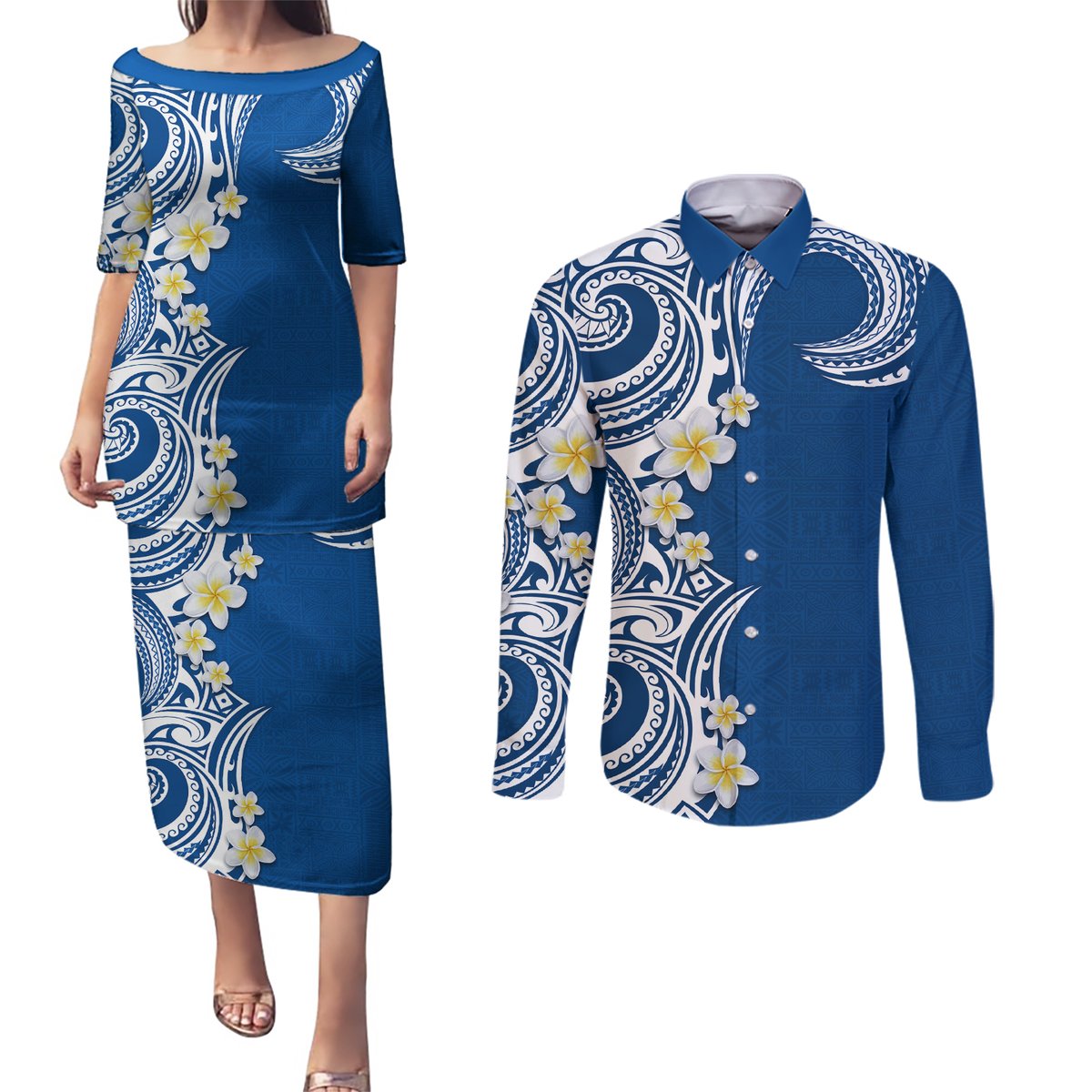 Aloha Polynesian Plumeria Flower Couples Matching Puletasi and Long Sleeve Button Shirt Blue Color