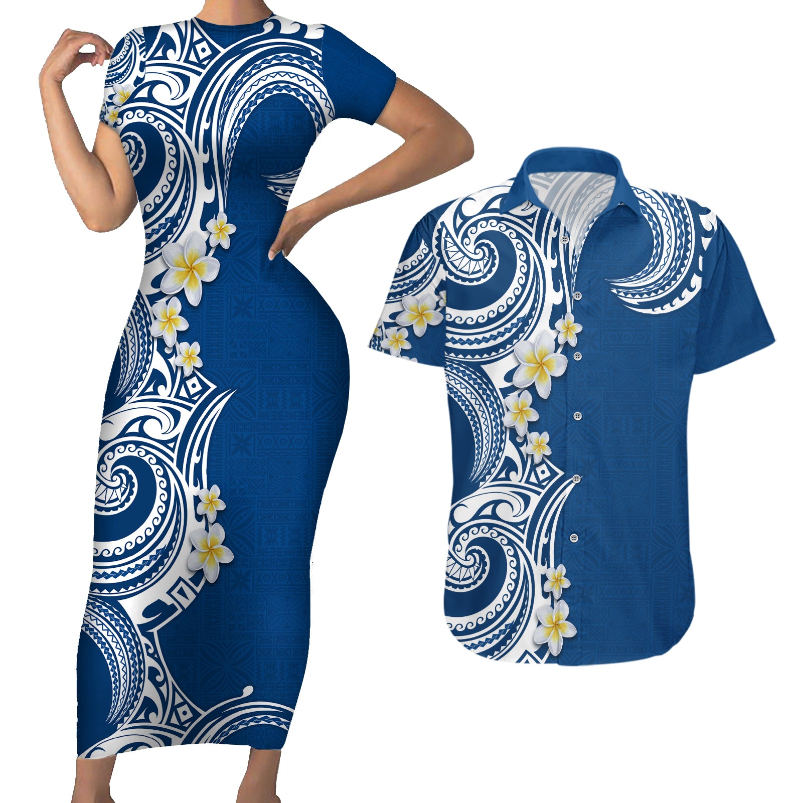 Aloha Polynesian Plumeria Flower Couples Matching Short Sleeve Bodycon Dress and Hawaiian Shirt Blue Color