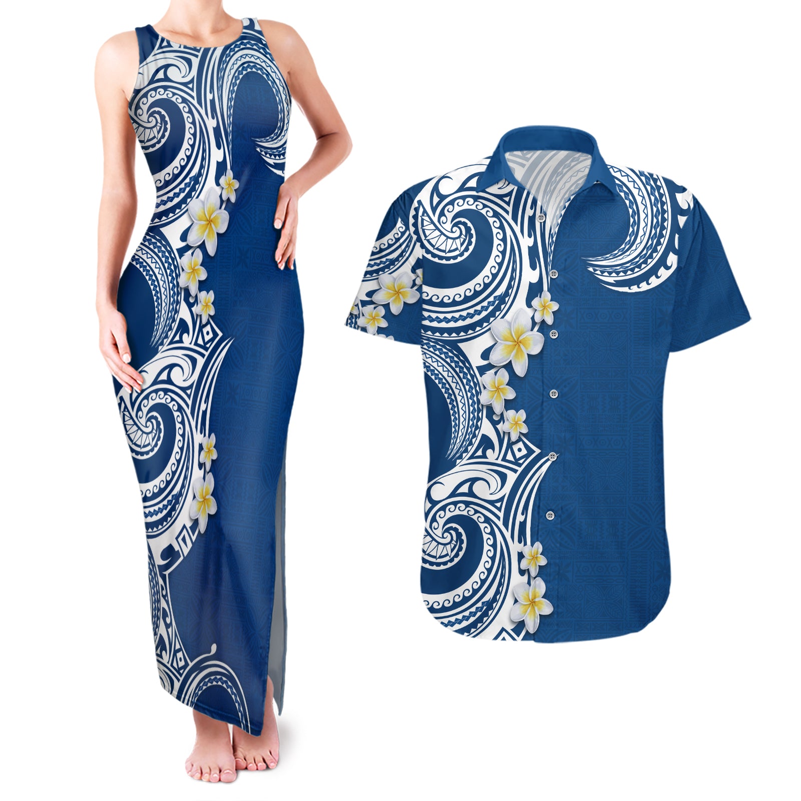Aloha Polynesian Plumeria Flower Couples Matching Tank Maxi Dress and Hawaiian Shirt Blue Color