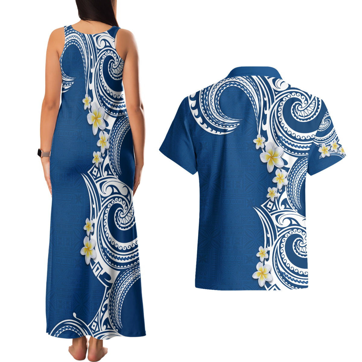 Aloha Polynesian Plumeria Flower Couples Matching Tank Maxi Dress and Hawaiian Shirt Blue Color