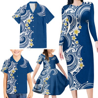 Aloha Polynesian Plumeria Flower Family Matching Long Sleeve Bodycon Dress and Hawaiian Shirt Blue Color LT03 - Polynesian Pride