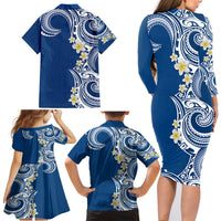 Aloha Polynesian Plumeria Flower Family Matching Long Sleeve Bodycon Dress and Hawaiian Shirt Blue Color LT03 - Polynesian Pride