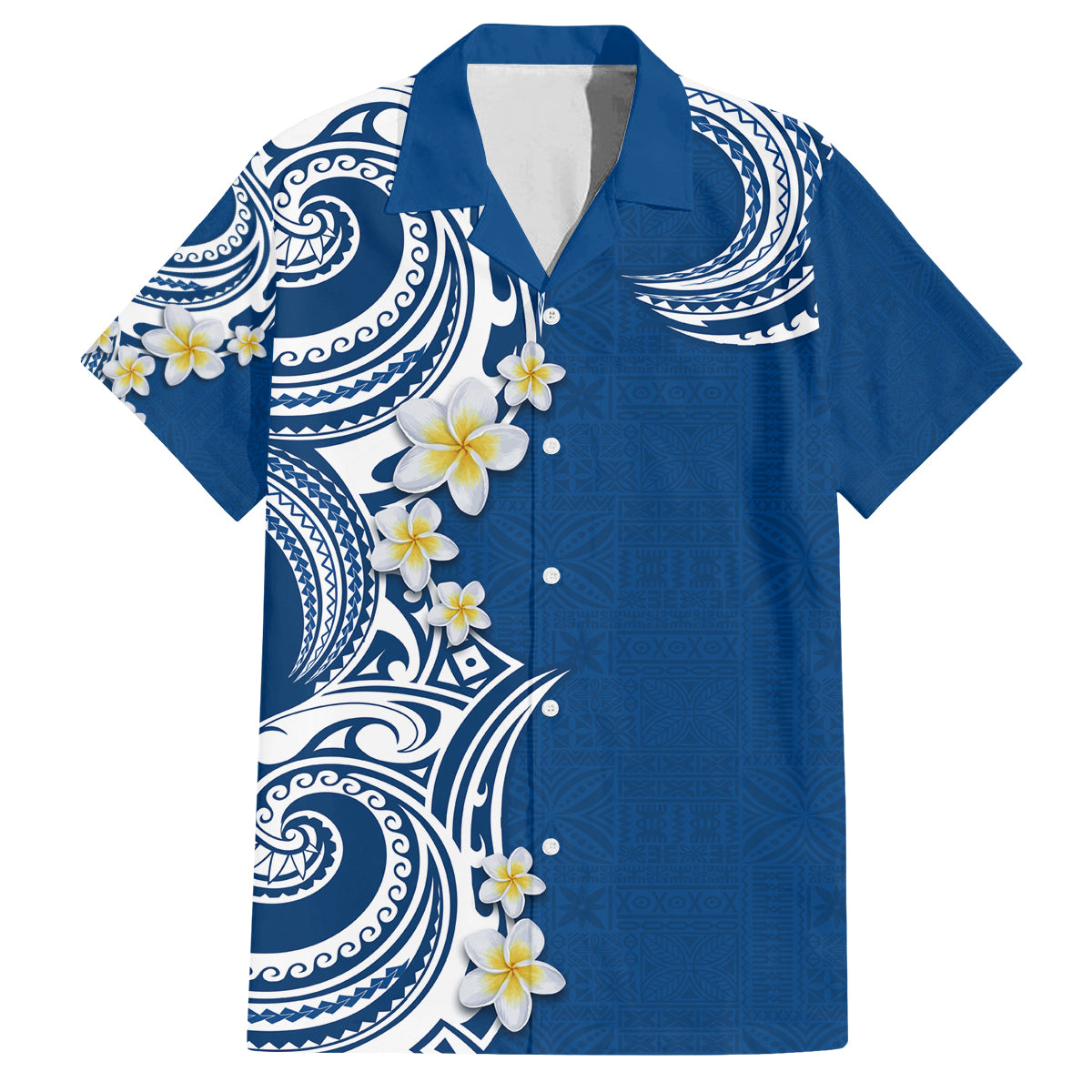 Aloha Polynesian Plumeria Flower Family Matching Long Sleeve Bodycon Dress and Hawaiian Shirt Blue Color LT03 Dad's Shirt - Short Sleeve Blue - Polynesian Pride