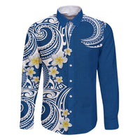 Aloha Polynesian Plumeria Flower Family Matching Long Sleeve Bodycon Dress and Hawaiian Shirt Blue Color LT03 Dad's Shirt - Long Sleeve Blue - Polynesian Pride