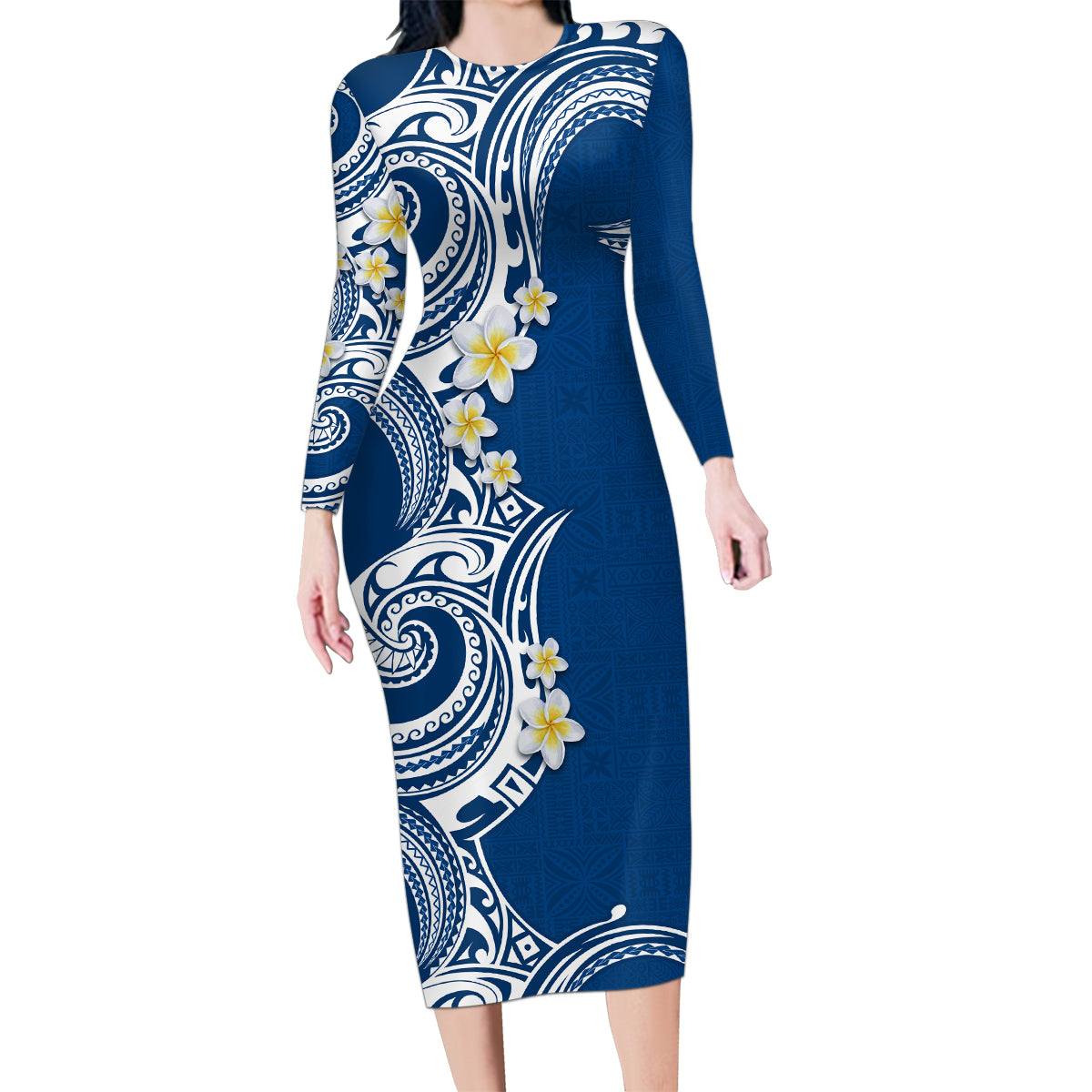 Aloha Polynesian Plumeria Flower Family Matching Long Sleeve Bodycon Dress and Hawaiian Shirt Blue Color LT03 Mom's Dress Blue - Polynesian Pride