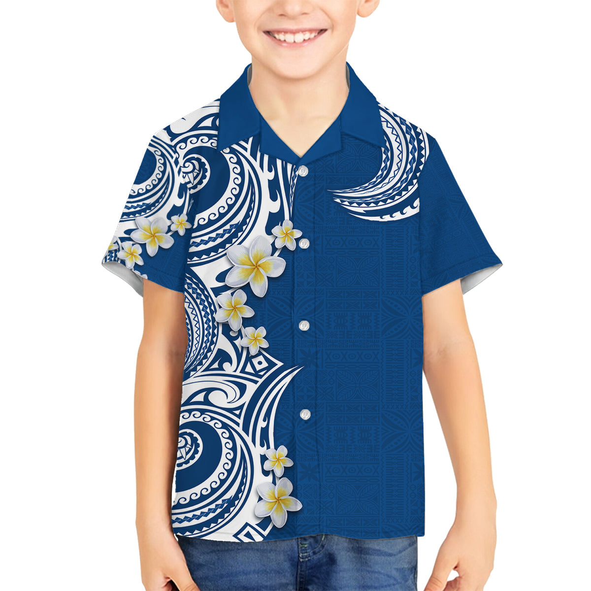 Aloha Polynesian Plumeria Flower Family Matching Long Sleeve Bodycon Dress and Hawaiian Shirt Blue Color LT03 Son's Shirt Blue - Polynesian Pride